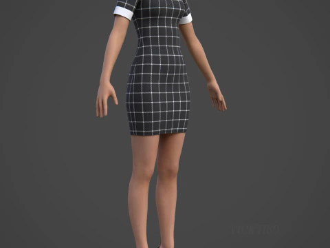 Black Plaid Collared Dress - Fitted Bodycon Sexy Short Dress 3D Model