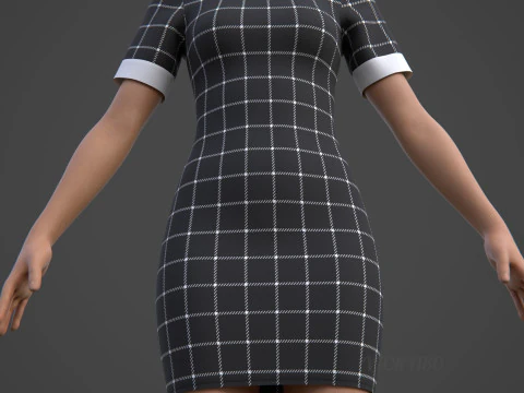 Black Plaid Collared Dress - Fitted Bodycon Sexy Short Dress 3D Model