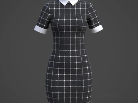Black Plaid Collared Dress - Fitted Bodycon Sexy Short Dress 3D Model