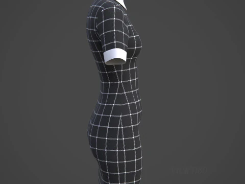 Black Plaid Collared Dress - Fitted Bodycon Sexy Short Dress 3D Model