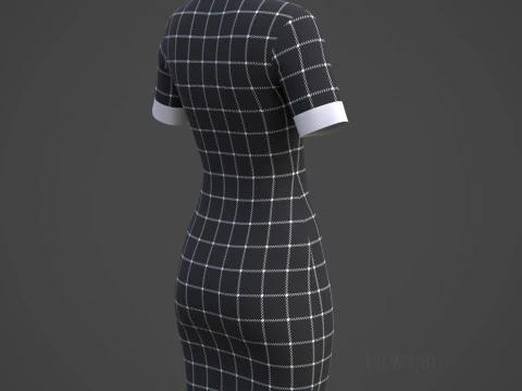 Black Plaid Collared Dress - Fitted Bodycon Sexy Short Dress 3D Model