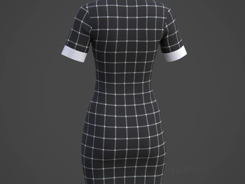 Black Plaid Collared Dress - Fitted Bodycon Sexy Short Dress 3D Model