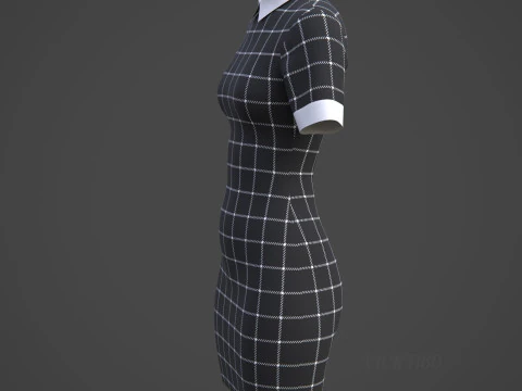 Black Plaid Collared Dress - Fitted Bodycon Sexy Short Dress 3D Model