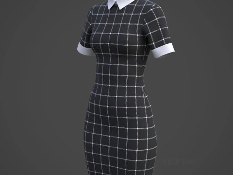 Black Plaid Collared Dress - Fitted Bodycon Sexy Short Dress 3D Model