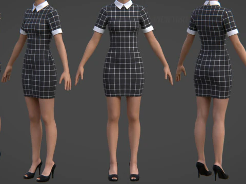 Black Plaid Collared Dress - Fitted Bodycon Sexy Short Dress 3D Model