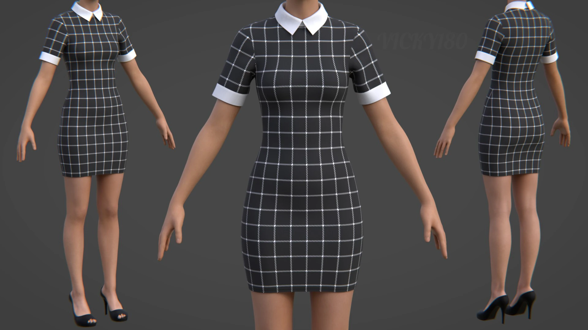 Black Plaid Collared Dress - Fitted Bodycon Sexy Short Dress 3D Model .c4d .max .obj .3ds .fbx .stl .blend 