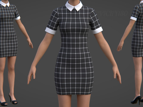 Gaun Berkerah Kotak-kotak Hitam - Gaun Pendek Seksi Bodycon Pas Model 3D