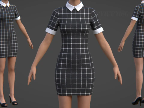 Vestido Xadrez Preto com Gola - Vestido Curto Sexy Bodycon Justo Modelo 3D