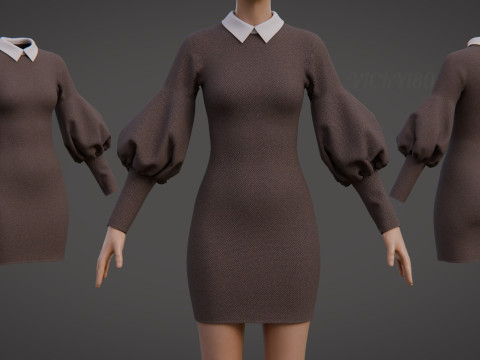 Торжественное твидовое платье &ndash; облегающий короткий наряд с пышными рукавами и воротником 3D Модель