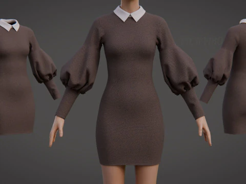 Vestido formal de tweed &ndash; roupa curta bodycon com gola manga bufante Modelo 3D