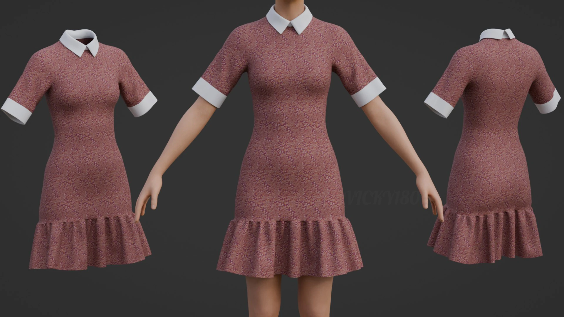 Floral Collar Dress with Ruffled Hem - Formal Office Wear Outfit 3D Model .c4d .max .obj .3ds .fbx .stl .blend 