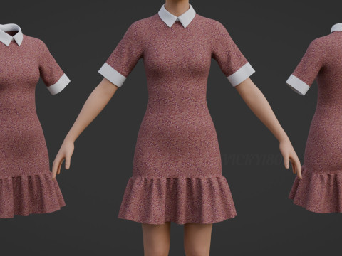 Kleid mit Blumenkragen und R&uuml;schensaum &ndash; formelles B&uuml;ro-Outfit 3D Modell