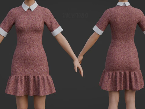 Floral Collar Dress with Ruffled Hem - Formal Office Wear Outfit 3D Model
