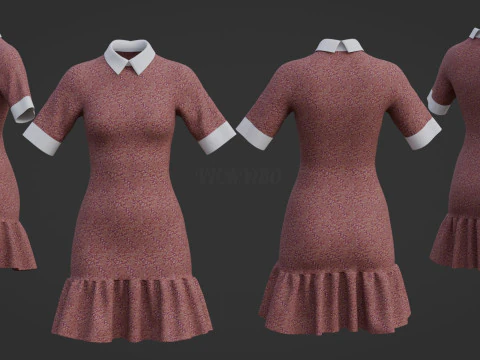 Floral Collar Dress with Ruffled Hem - Formal Office Wear Outfit 3D Model