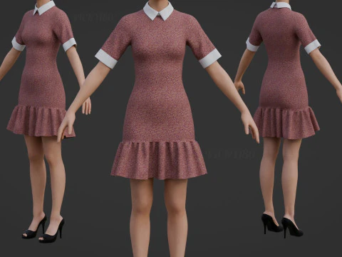 Floral Collar Dress with Ruffled Hem - Formal Office Wear Outfit 3D Model