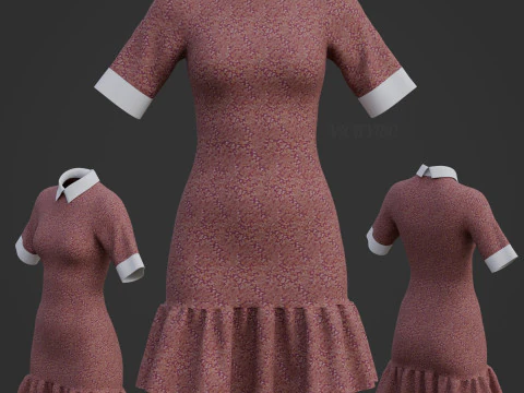 Floral Collar Dress with Ruffled Hem - Formal Office Wear Outfit 3D Model