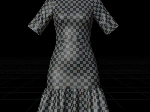 Floral Collar Dress with Ruffled Hem - Formal Office Wear Outfit 3D Model