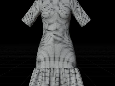 Floral Collar Dress with Ruffled Hem - Formal Office Wear Outfit 3D Model