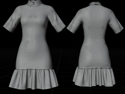 Floral Collar Dress with Ruffled Hem - Formal Office Wear Outfit 3D Model