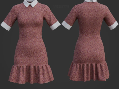 Floral Collar Dress with Ruffled Hem - Formal Office Wear Outfit 3D Model