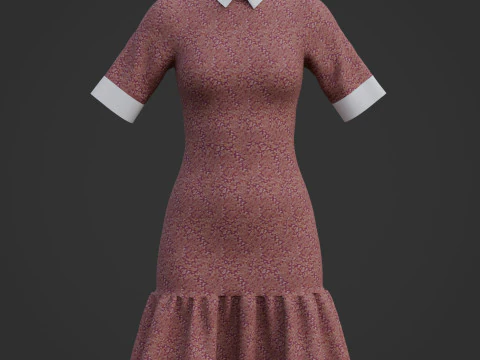 Floral Collar Dress with Ruffled Hem - Formal Office Wear Outfit 3D Model