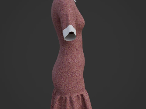 Floral Collar Dress with Ruffled Hem - Formal Office Wear Outfit 3D Model