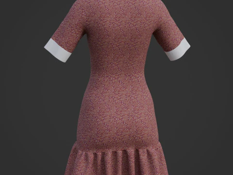 Floral Collar Dress with Ruffled Hem - Formal Office Wear Outfit 3D Model