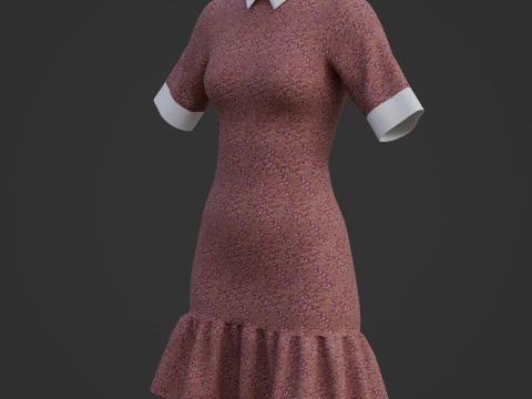 Floral Collar Dress with Ruffled Hem - Formal Office Wear Outfit 3D Model