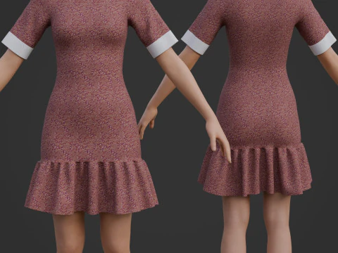 Floral Collar Dress with Ruffled Hem - Formal Office Wear Outfit 3D Model
