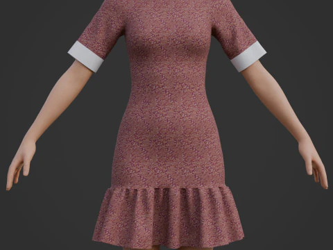 Floral Collar Dress with Ruffled Hem - Formal Office Wear Outfit 3D Model