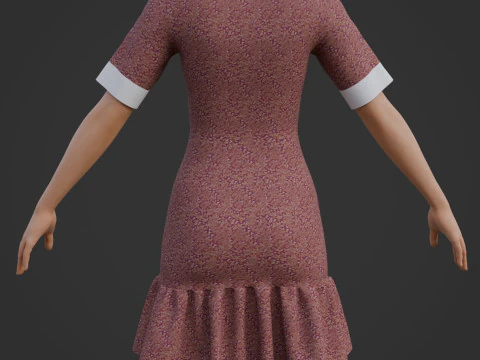 Floral Collar Dress with Ruffled Hem - Formal Office Wear Outfit 3D Model