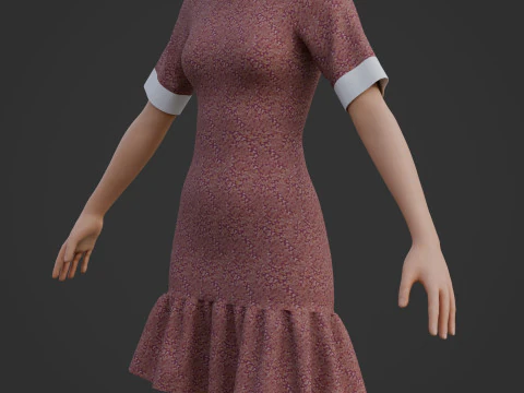 Floral Collar Dress with Ruffled Hem - Formal Office Wear Outfit 3D Model