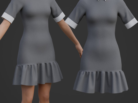 Formele kantoorkleding - Jurk met kraag en zoom met ruches 3D Model