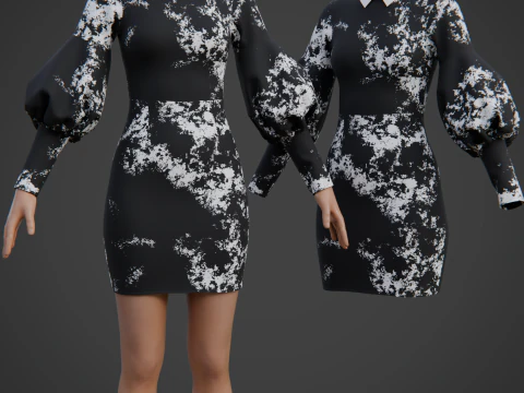 Formal Two-Tone Puff Sleeve Collar Bodycon Mini Dress Outfit 3D Model
