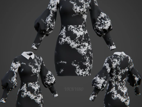 Formal Two-Tone Puff Sleeve Collar Bodycon Mini Dress Outfit 3D Model
