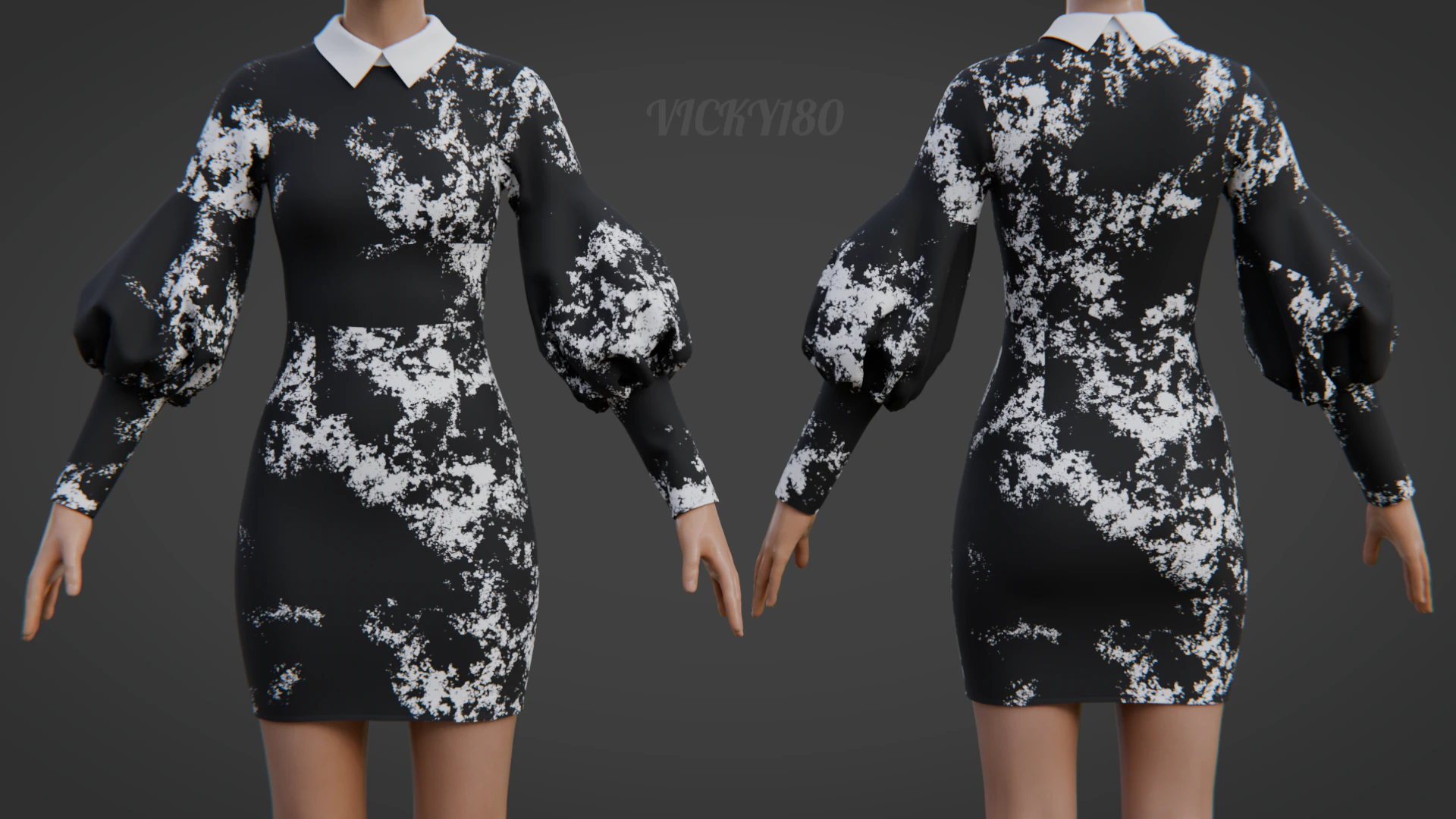 Formal Two-Tone Puff Sleeve Collar Bodycon Mini Dress Outfit 3D Model .c4d .max .obj .3ds .fbx .stl .blend 
