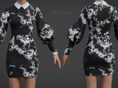 Minivestido formal de dois tons com gola de manga bufante e bodycon Modelo 3D