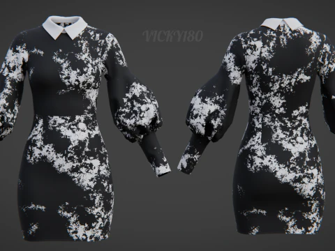 Formal Two-Tone Puff Sleeve Collar Bodycon Mini Dress Outfit 3D Model