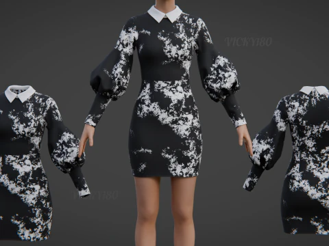 Formal Two-Tone Puff Sleeve Collar Bodycon Mini Dress Outfit 3D Model