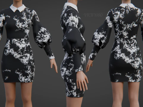 Formal Two-Tone Puff Sleeve Collar Bodycon Mini Dress Outfit 3D Model