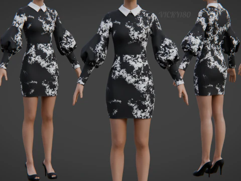 Formal Two-Tone Puff Sleeve Collar Bodycon Mini Dress Outfit 3D Model