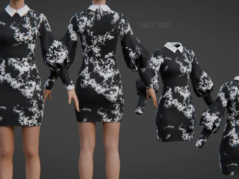 Formal Two-Tone Puff Sleeve Collar Bodycon Mini Dress Outfit 3D Model