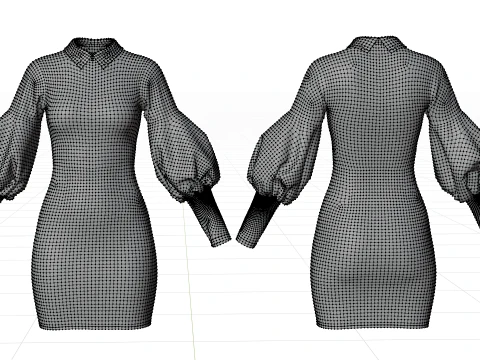 Formal Two-Tone Puff Sleeve Collar Bodycon Mini Dress Outfit 3D Model