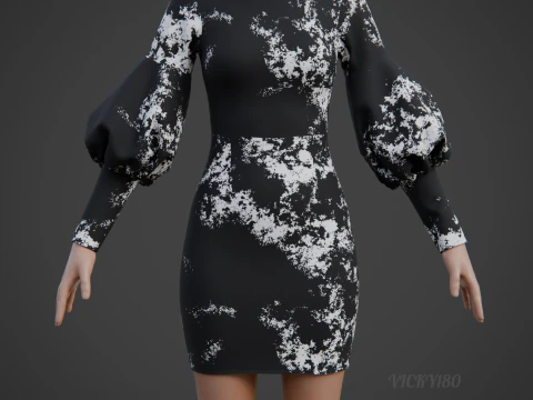 Formal Two-Tone Puff Sleeve Collar Bodycon Mini Dress Outfit 3D Model