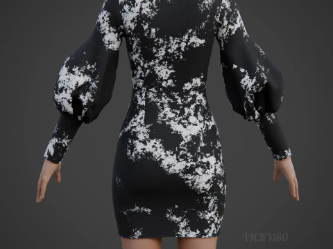 Formal Two-Tone Puff Sleeve Collar Bodycon Mini Dress Outfit 3D Model