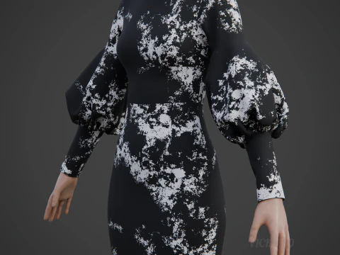 Formal Two-Tone Puff Sleeve Collar Bodycon Mini Dress Outfit 3D Model