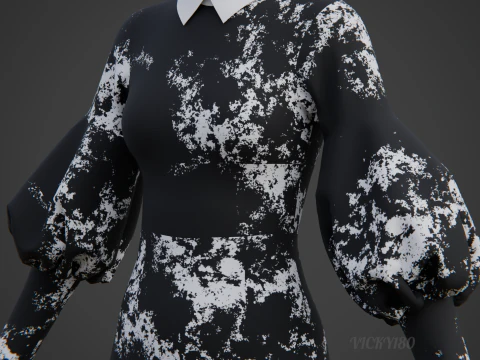 Formal Two-Tone Puff Sleeve Collar Bodycon Mini Dress Outfit 3D Model