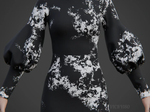 Formal Two-Tone Puff Sleeve Collar Bodycon Mini Dress Outfit 3D Model