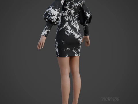 Formal Two-Tone Puff Sleeve Collar Bodycon Mini Dress Outfit 3D Model