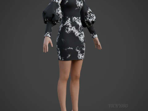 Formal Two-Tone Puff Sleeve Collar Bodycon Mini Dress Outfit 3D Model
